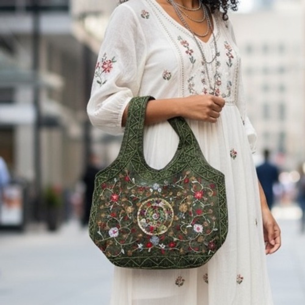 Boho Beaded Embroidered‎ Olive Green Shoulder Bag Handmade Style